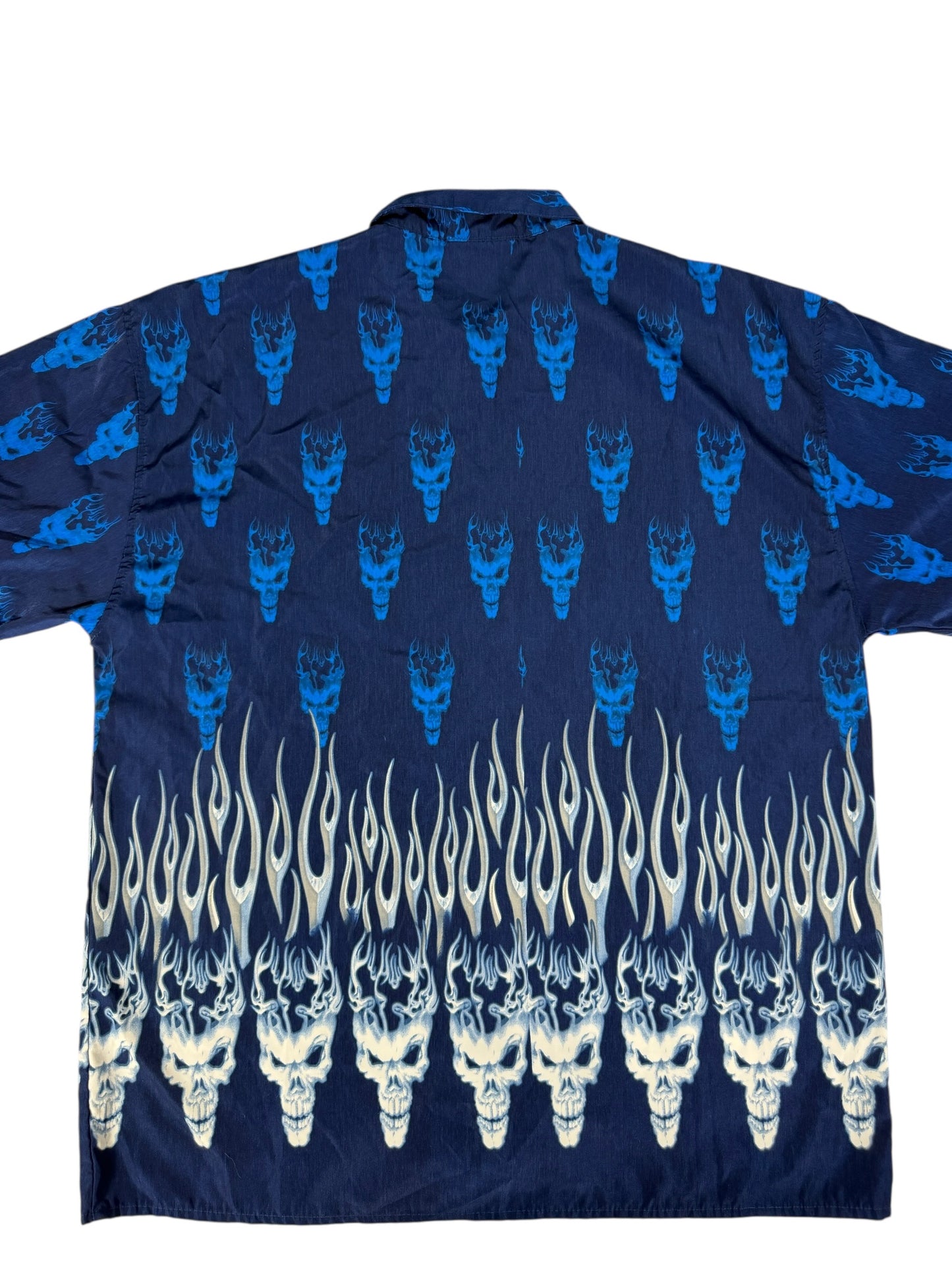 No Contest Blue Flaming Skulls Button Up Shirt