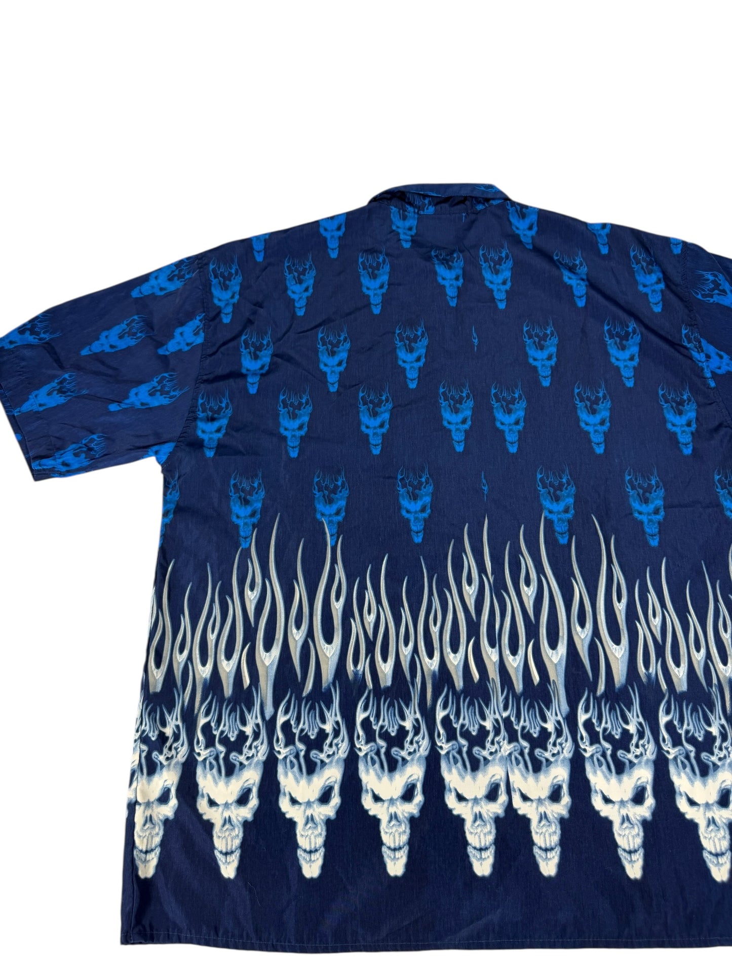 No Contest Blue Flaming Skulls Button Up Shirt