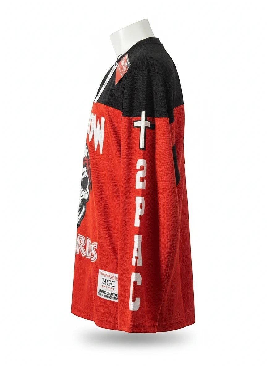 Throwback Rack red and black hockey jersey with 2Pac graphics and "Death Row Records" logo.