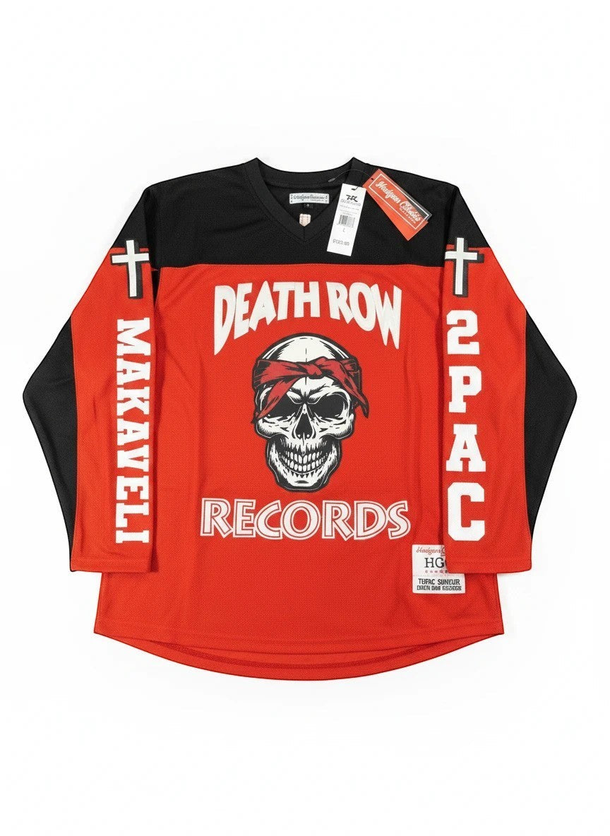 Throwback Rack Death Row Records 2Pac Makaveli Thug Life Hockey Jersey. Red with black sleeves, skull graphic, and text.