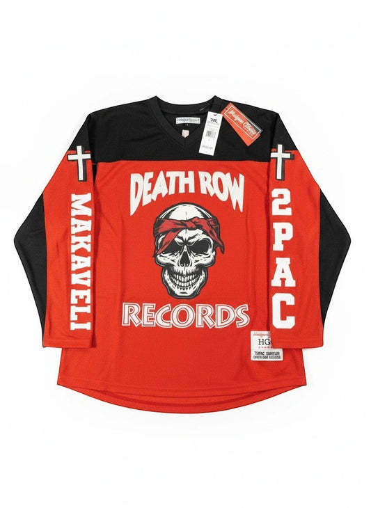 Throwback Rack Death Row Records 2Pac Makaveli Thug Life Hockey Jersey. Red with black sleeves, skull graphic, and text.