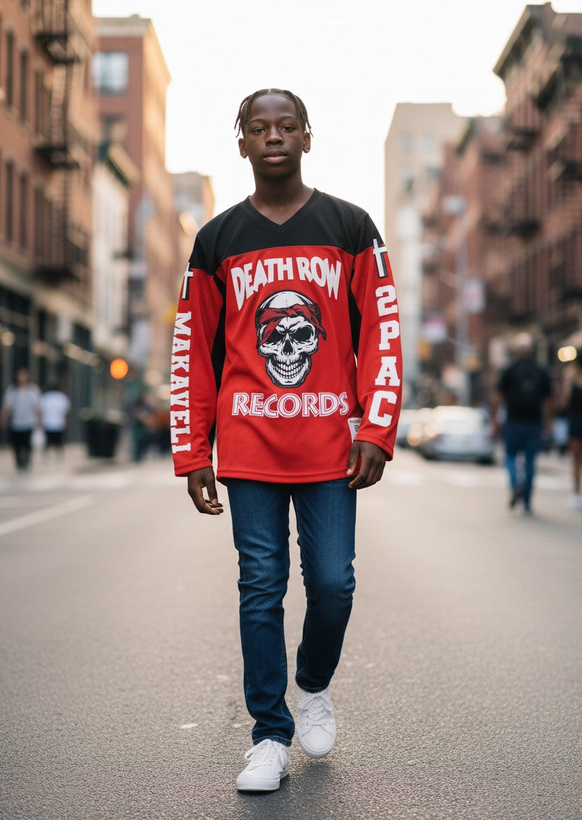 Throwback Rack Death Row Records 2Pac Makaveli Thug Life Hockey Jersey, red with black sleeves, skull graphic, and text.