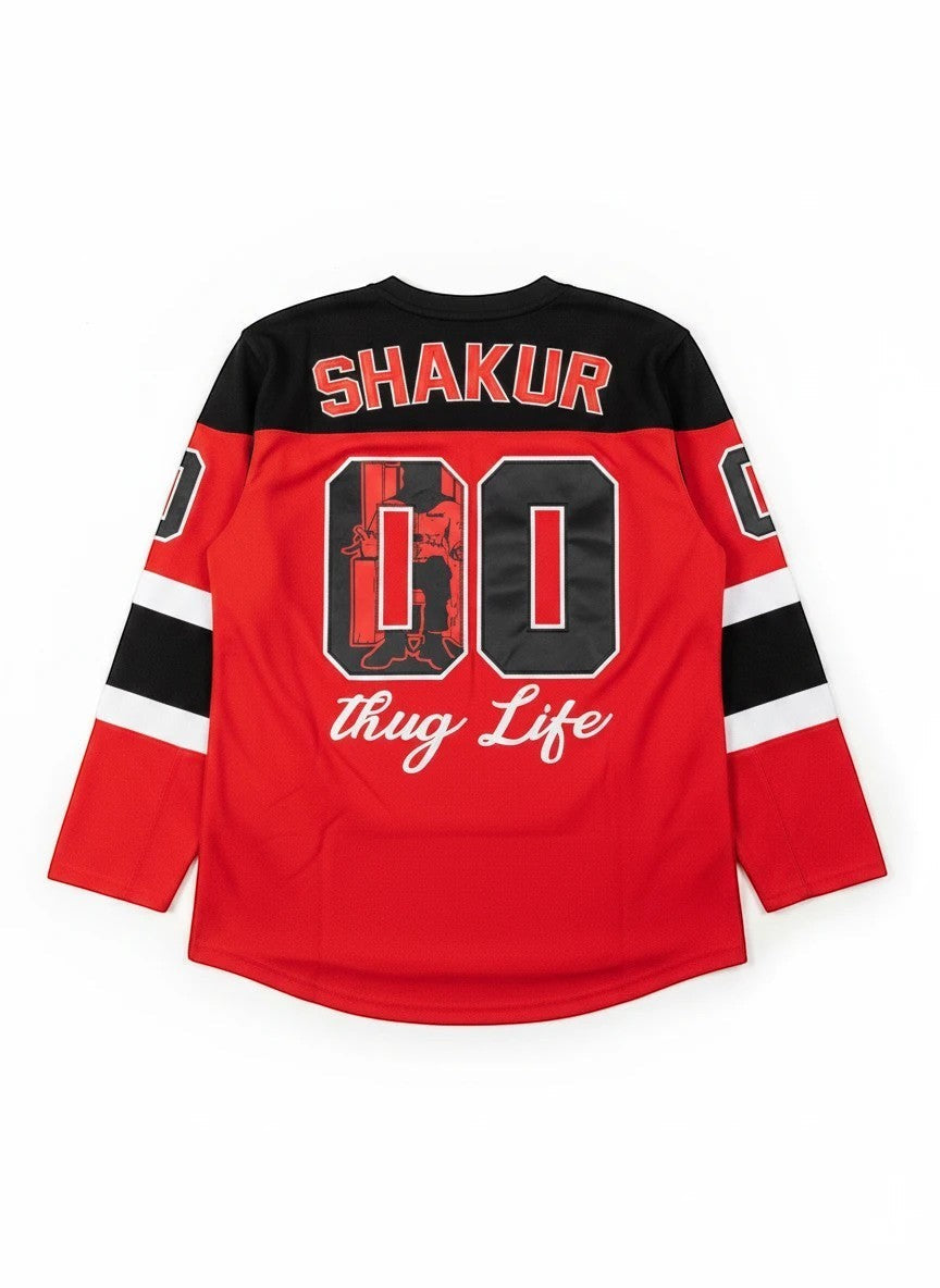 Throwback Rack Death Row Records 2Pac Thug Life Hockey Jersey in red and black with "SHAKUR 00" and "thug life" graphic.