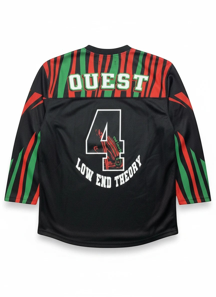 Throwback Rack A Tribe Called Quest Low End Theory black hockey jersey with red and green stripes, "QUEST" and "4" on back.