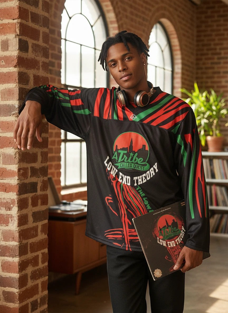 Throwback Rack A Tribe Called Quest Low End Theory black hockey jersey with red and green stripes. Features album art and logo.