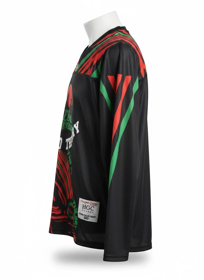 Throwback Rack A Tribe Called Quest Low End Theory black hockey jersey with red and green stripes. Mesh fabric.