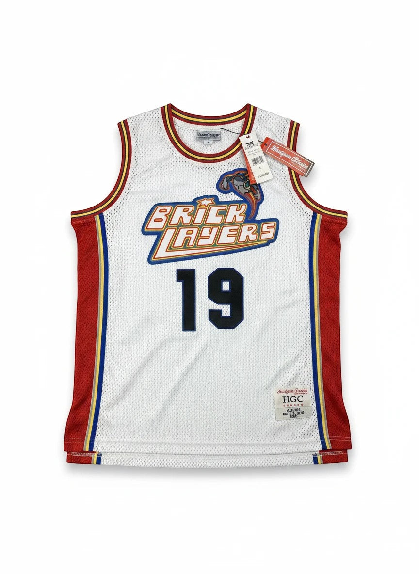 Throwback Rack Aaliyah Brick Layers Basketball Jersey, white with red and gold trim, number 19 on front and back.