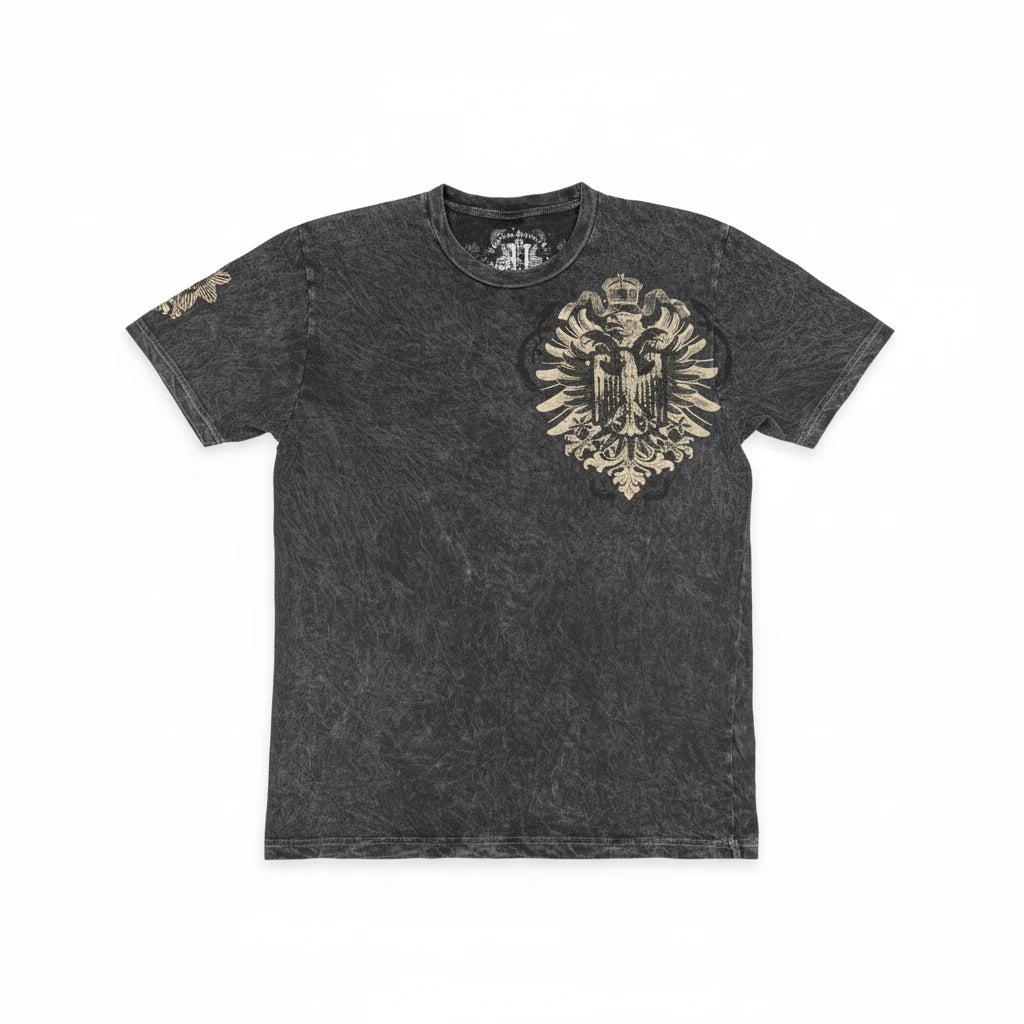 Throwback Rack dark acid wash cotton t-shirt featuring a detailed eagle crest embroidery on the chest