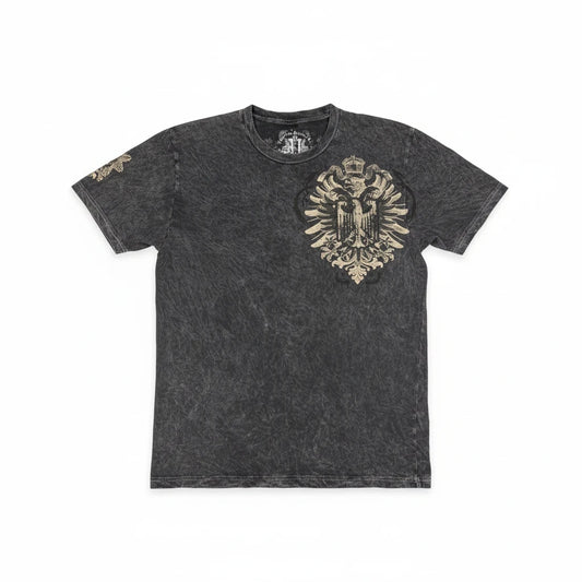 Throwback Rack dark acid wash cotton t-shirt featuring a detailed eagle crest embroidery on the chest