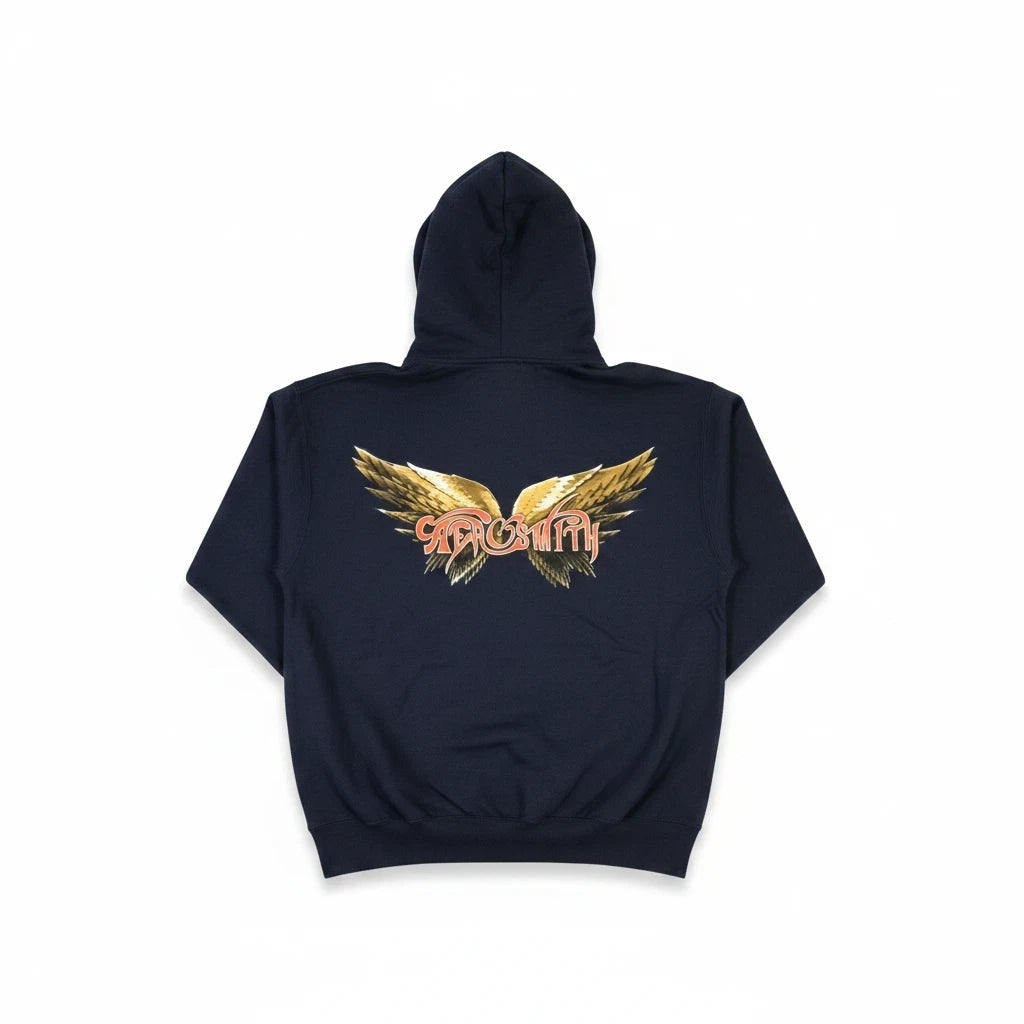 Throwback Rack Aerosmith 2019 Deuces Are Wild black pullover hoodie featuring a golden wings graphic on the back