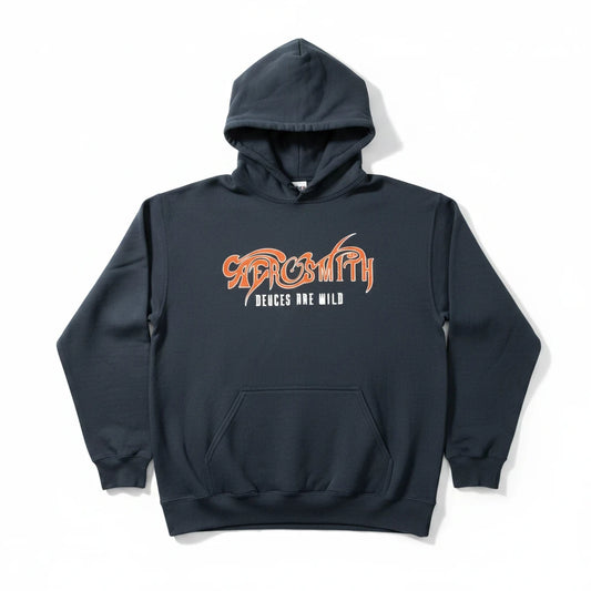 Throwback Rack black Aerosmith Deuces Are Wild graphic pullover hoodie with orange logo and kangaroo pocket