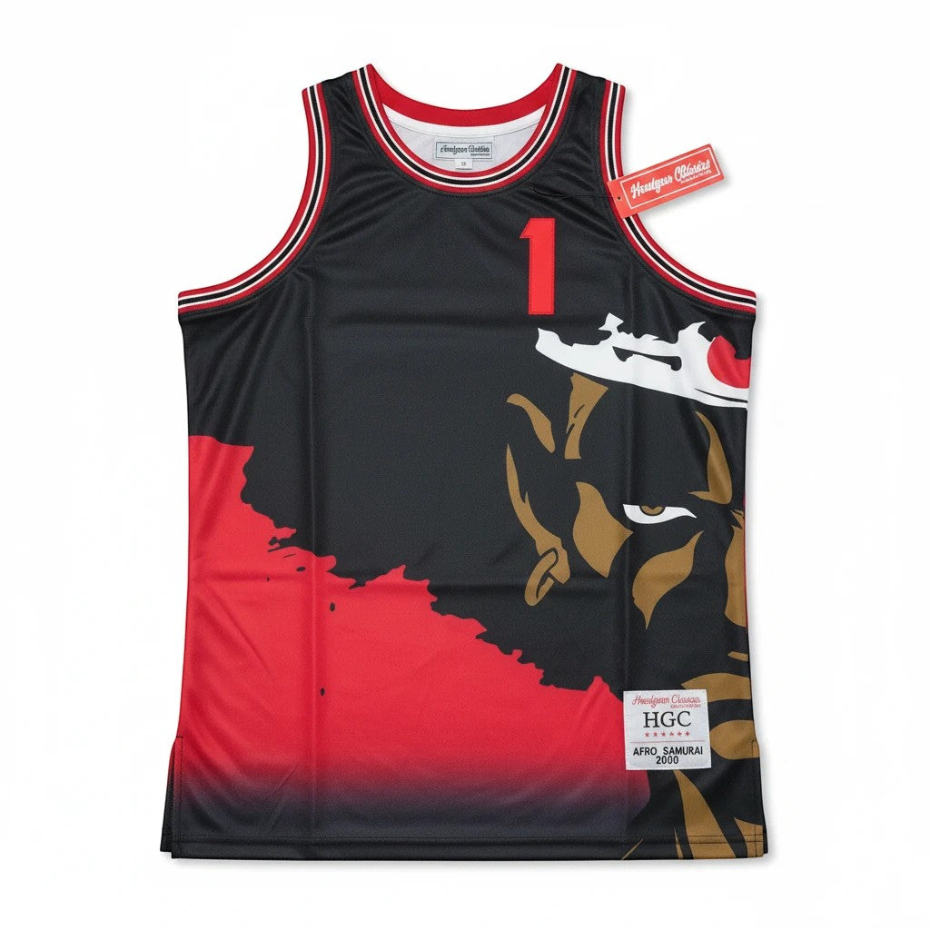 Throwback Rack Afro Samurai Headgear Classics basketball jersey in black and red mesh with character graphic