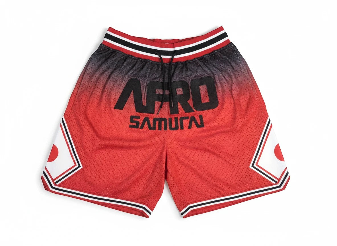 Throwback Rack Afro Samurai basketball shorts in red and black mesh with elastic drawstring waist and side details.