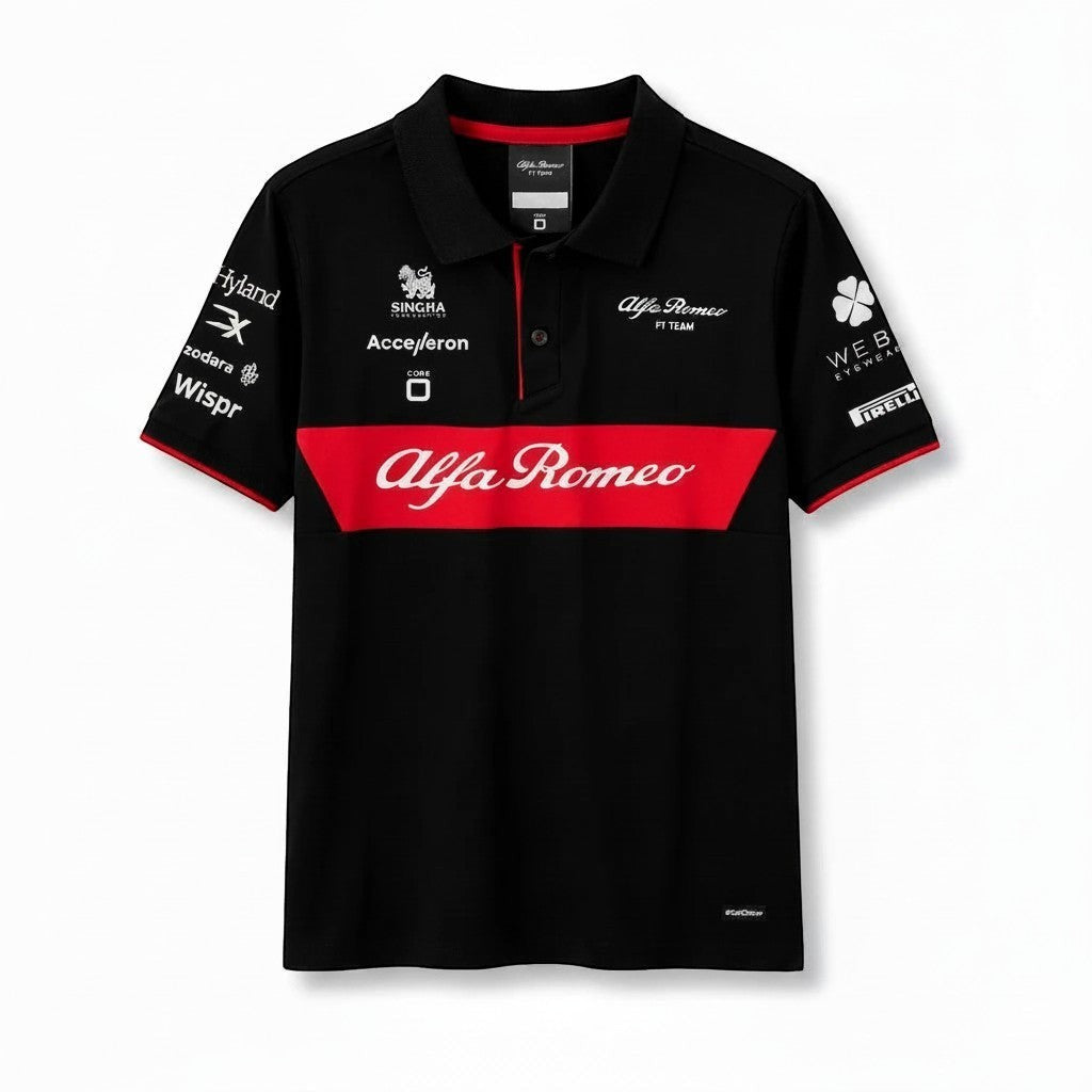 Throwback Rack Alfa Romeo F1 Team black and red short sleeve polo shirt with multiple sponsor logos.