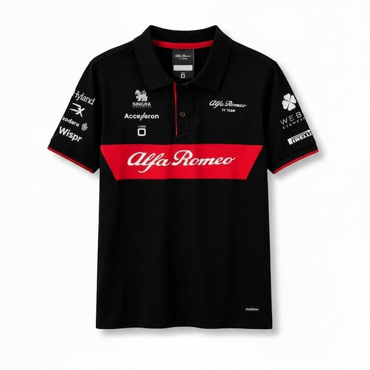 Throwback Rack Alfa Romeo F1 Team black and red short sleeve polo shirt with multiple sponsor logos.