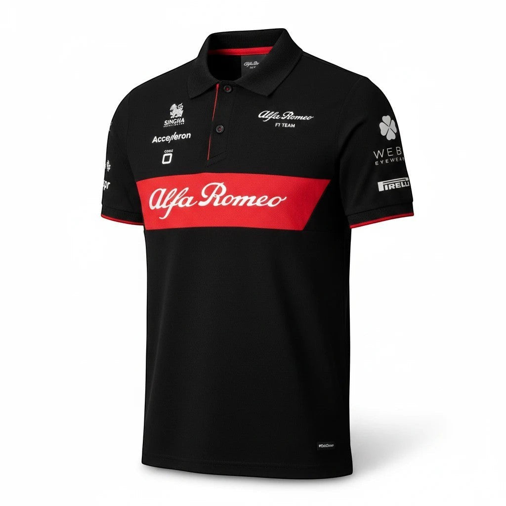 Throwback Rack black Alfa Romeo F1 Team performance polo shirt with red stripe and team logos.