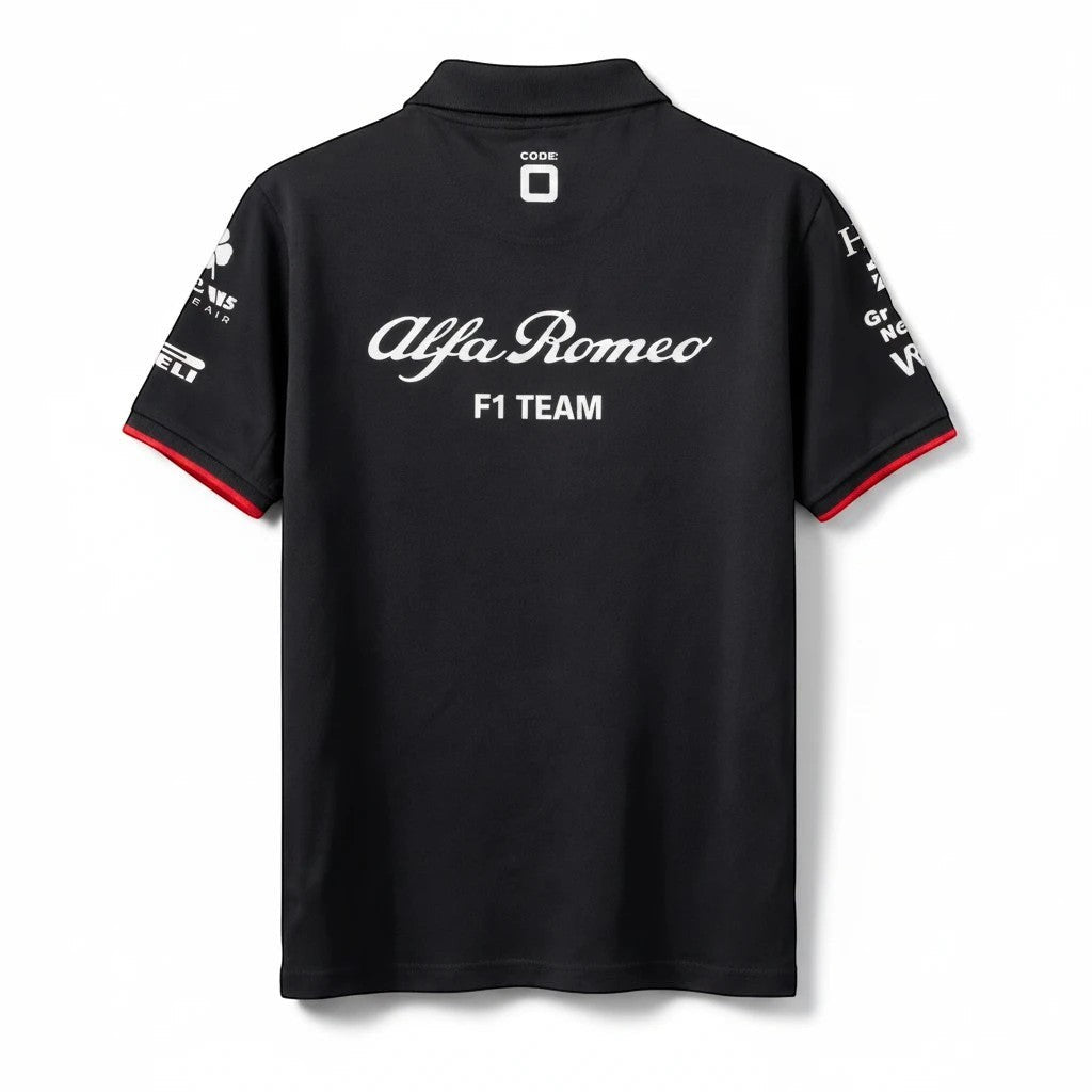 Throwback Rack black Alfa Romeo F1 Team performance polo shirt with red collar and cuff trim. Features team and sponsor logos.
