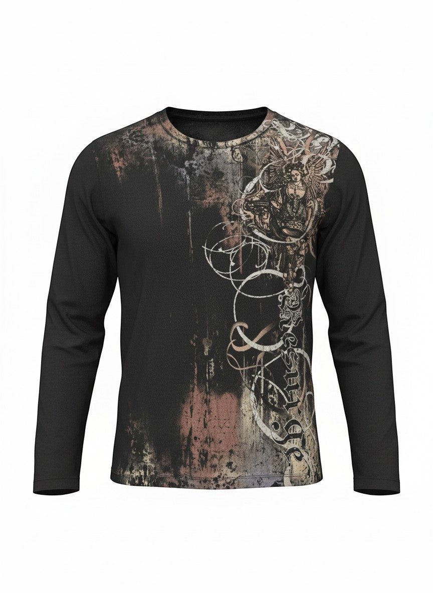 Throwback Rack black long sleeve shirt with distressed graphic print featuring an angel and ornate scrollwork.