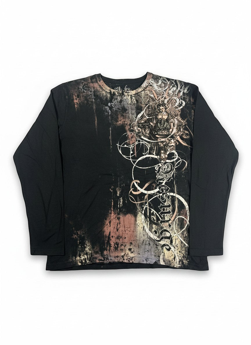 Throwback Rack black long sleeve shirt with Y2K angel graphic and distressed details. Features metallic beads on chest.