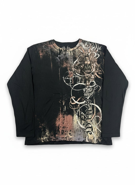 Throwback Rack black long sleeve shirt with Y2K angel graphic and distressed details. Features metallic beads on chest.
