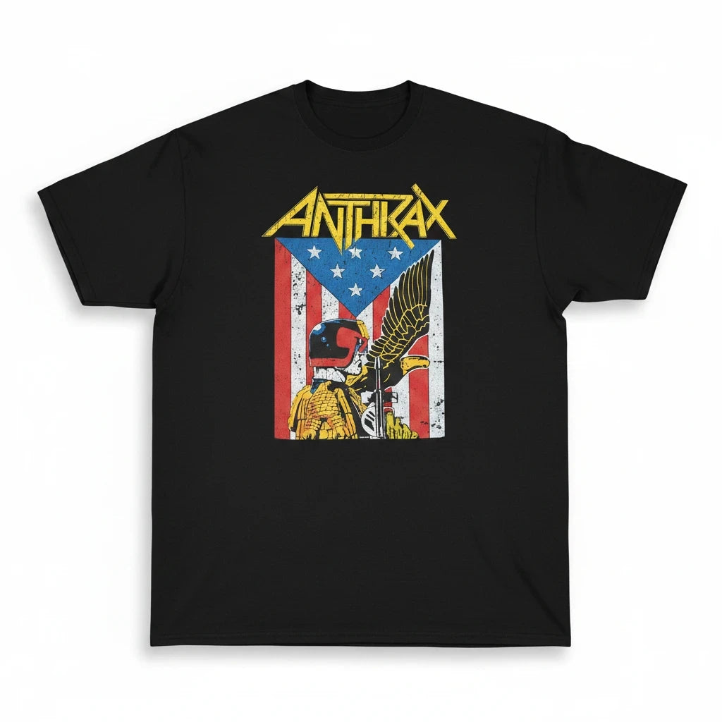 Throwback Rack Anthrax Judge Dredd black cotton t-shirt with distressed American flag and comic book graphic print