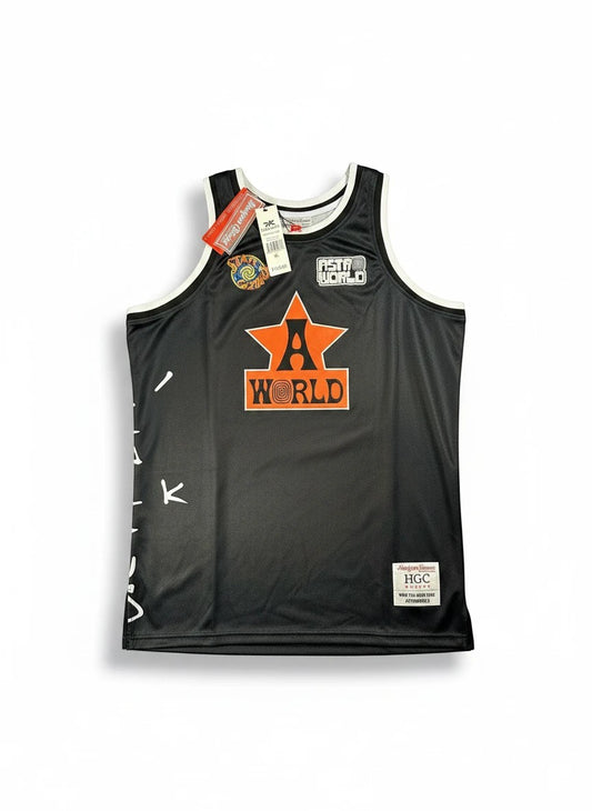 Throwback Rack black Astro World basketball jersey with orange star graphic and white trim. Features "Wish You Were Here" text.