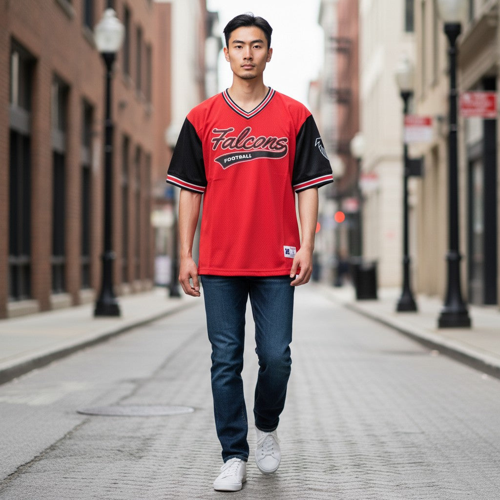 Throwback Rack Atlanta Falcons red and black mesh football jersey with "Falcons Football" graphic. Size L.