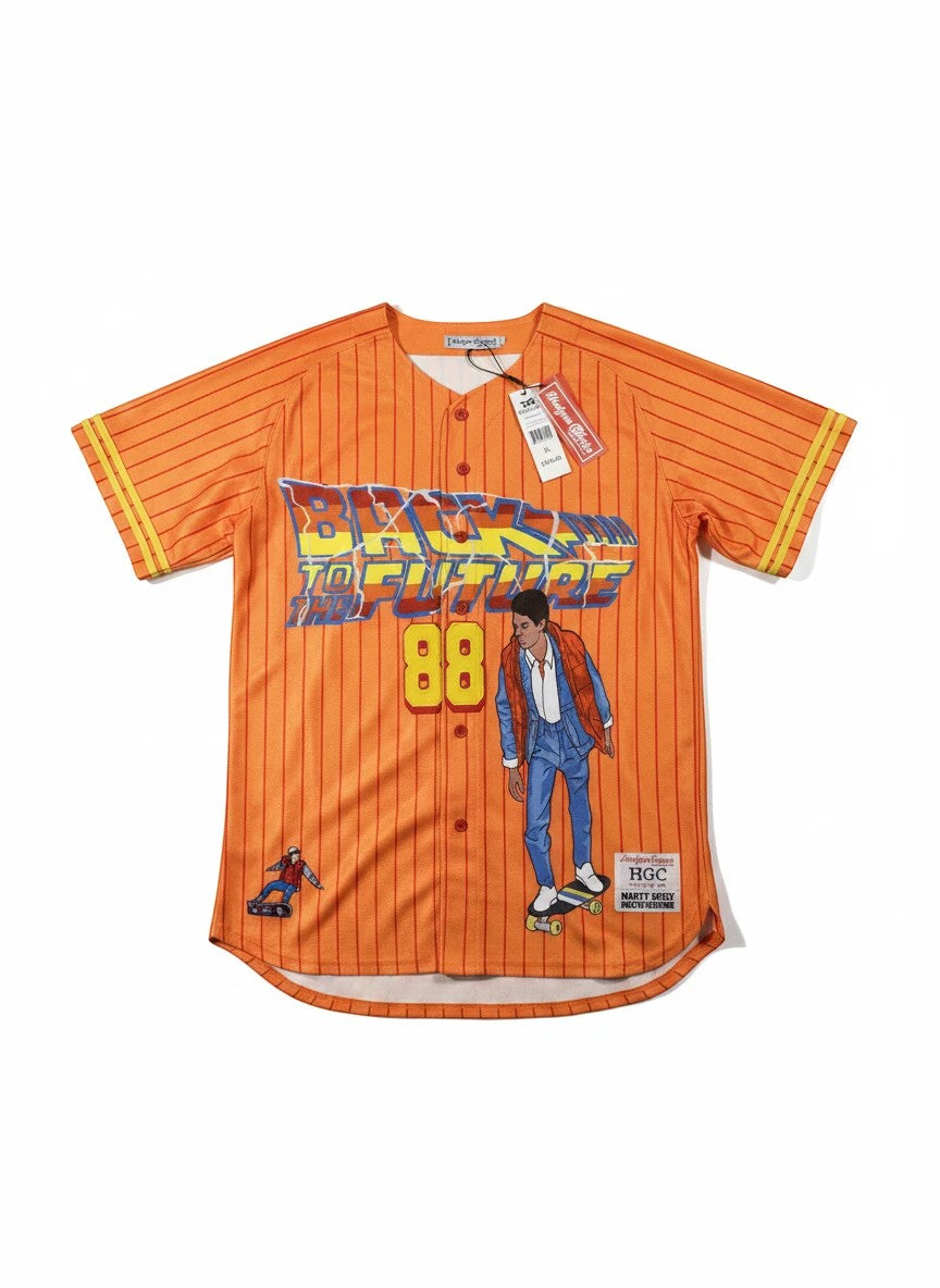 Throwback Rack orange pinstripe baseball jersey with Back to the Future graphics, Marty McFly, and number 88.