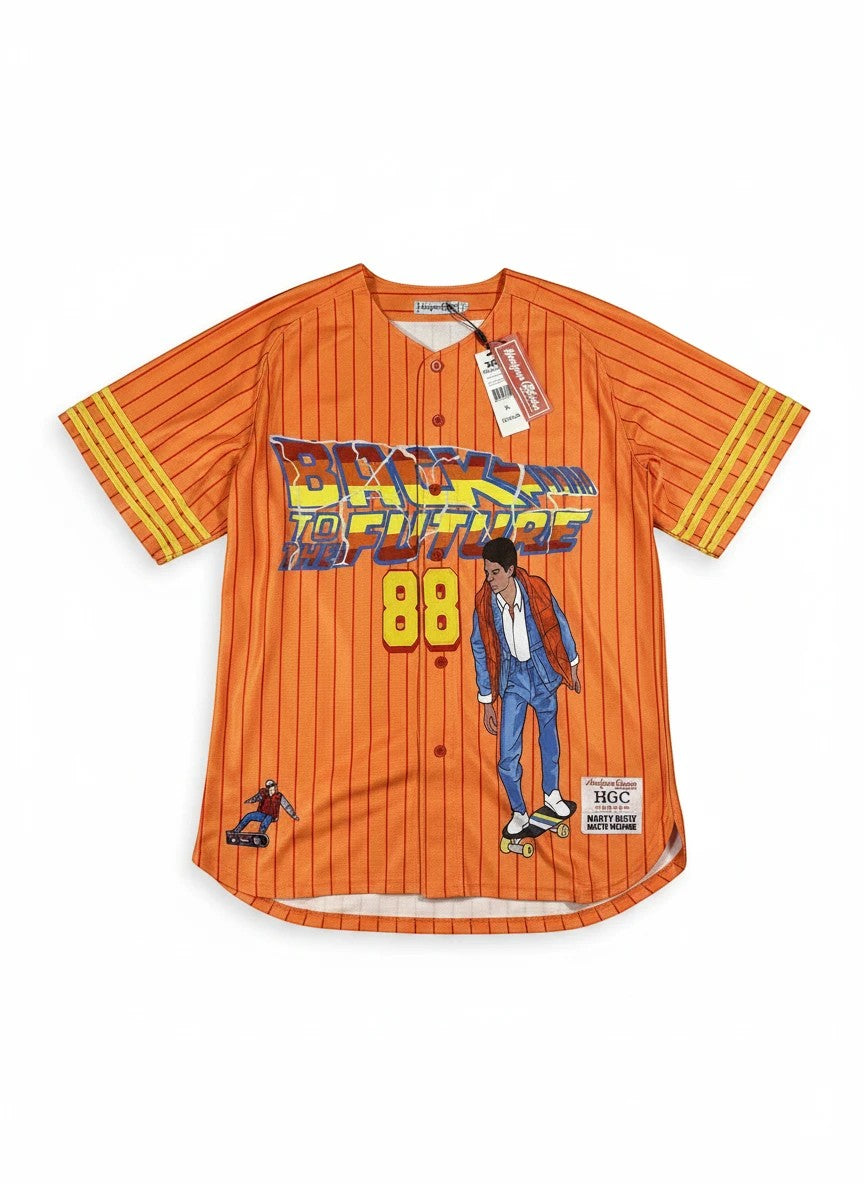Throwback Rack orange pinstripe baseball jersey with Back to the Future logo, Marty McFly graphic, and number 88.