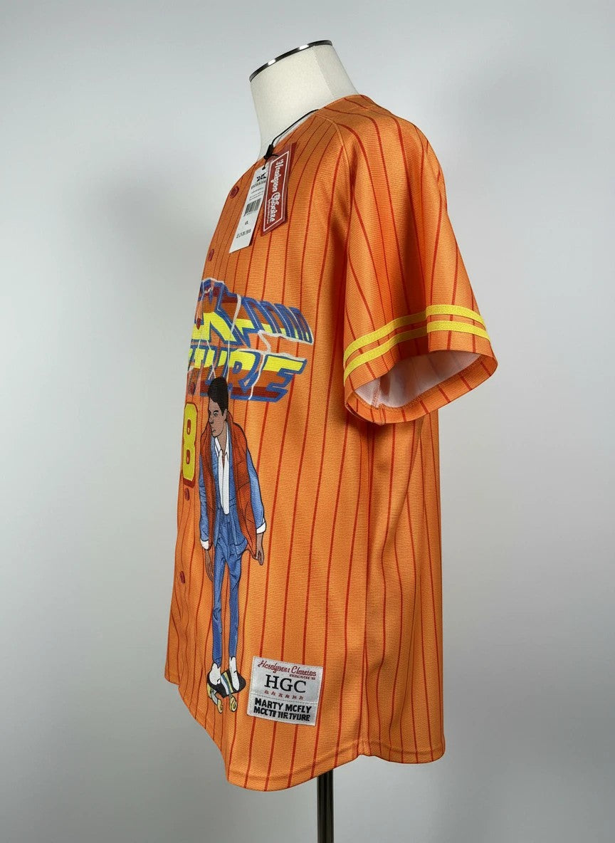 Throwback Rack orange pinstripe baseball jersey with Back to the Future graphics and Marty McFly illustration.