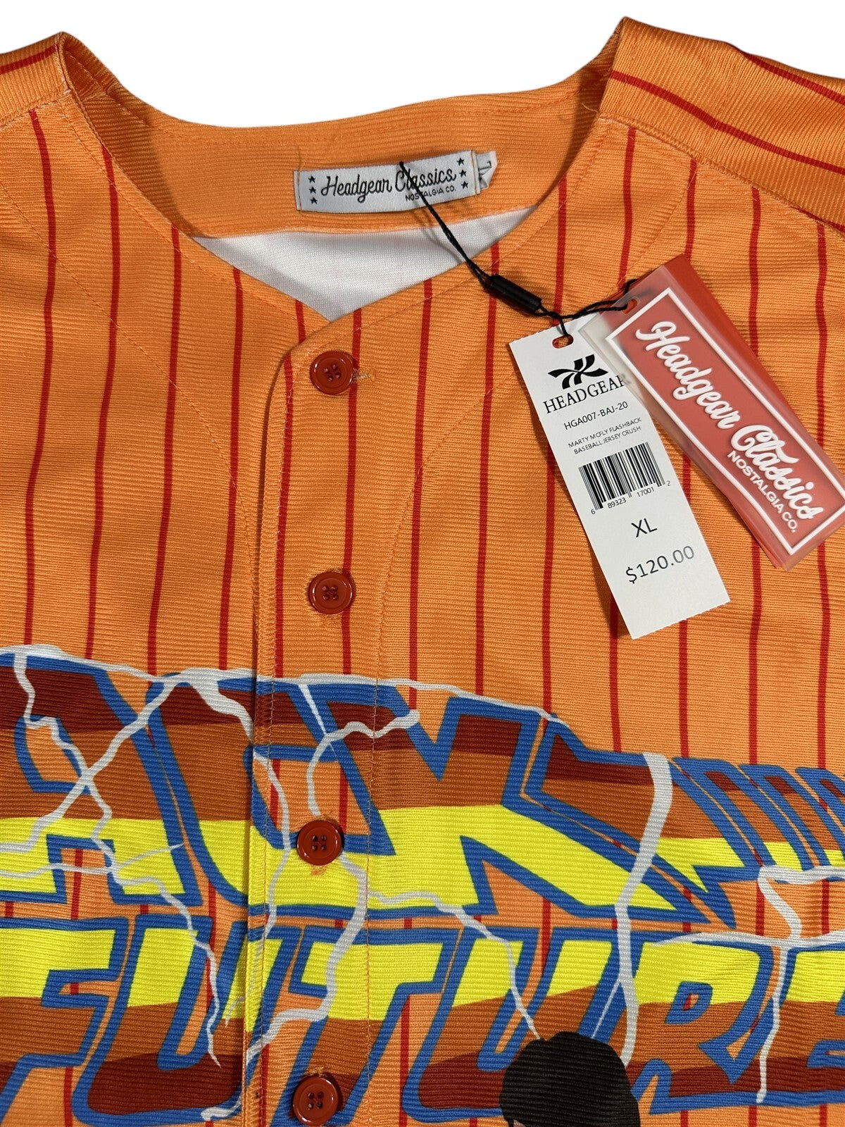 Throwback Rack orange pinstripe Back to the Future baseball jersey with yellow accents and lightning graphics.