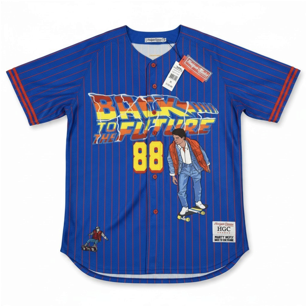 Throwback Rack Back to the Future blue baseball jersey with red pinstripes, Marty McFly graphic, and number 88
