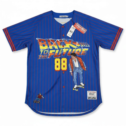 Throwback Rack Back to the Future blue baseball jersey with red pinstripes, Marty McFly graphic, and number 88