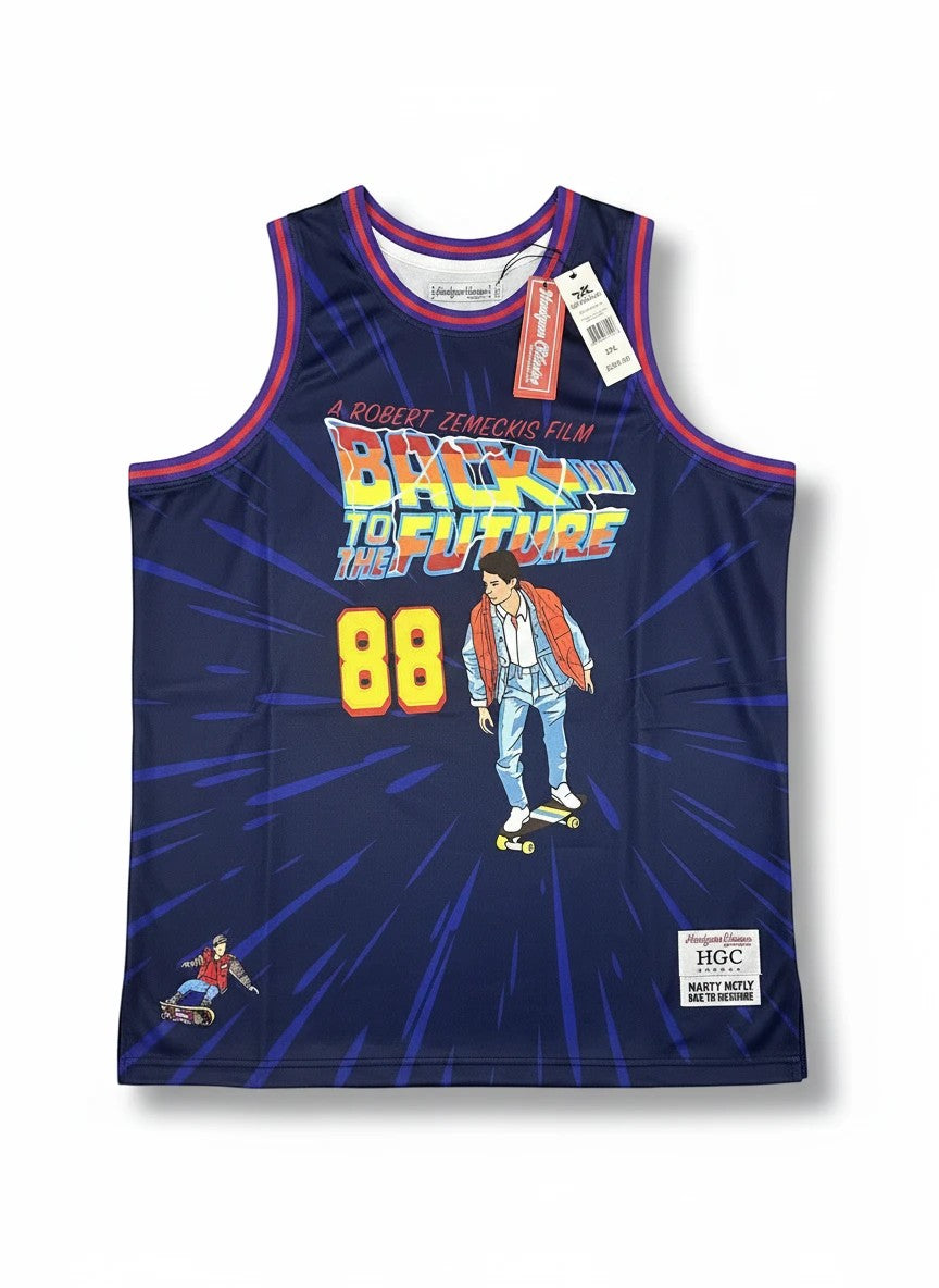 Throwback Rack navy blue polyester basketball jersey with Back to the Future graphic, Marty McFly, and DeLorean.