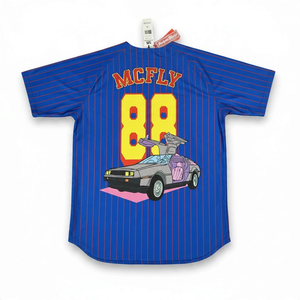 Throwback Rack Back to the Future baseball jersey featuring a blue pinstripe design with a DeLorean graphic on the back
