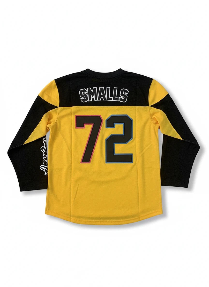 Throwback Rack yellow and black hockey jersey with "SMALLS" on back and "72" graphic. Inspired by hip-hop.