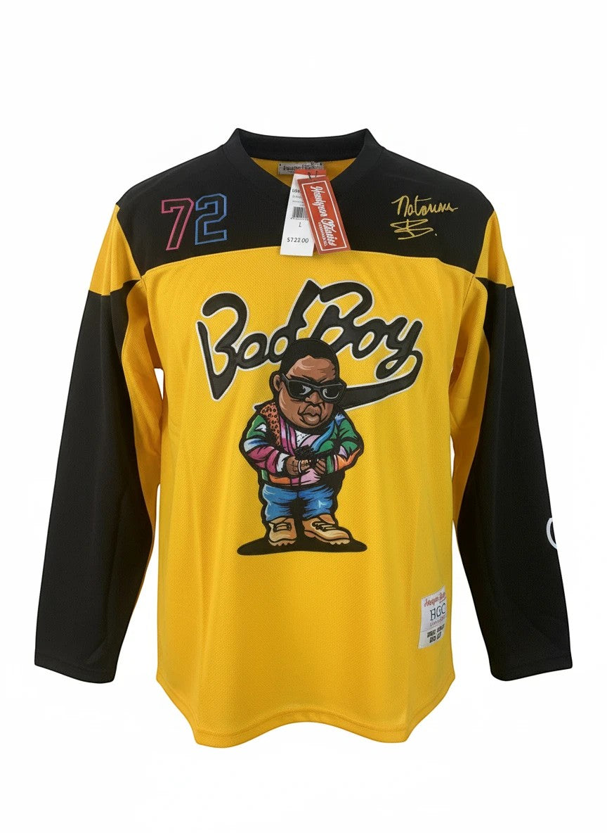 Throwback Rack yellow and black Bad Boy Smalls 72 hockey jersey with cartoon graphic of The Notorious B.I.G.