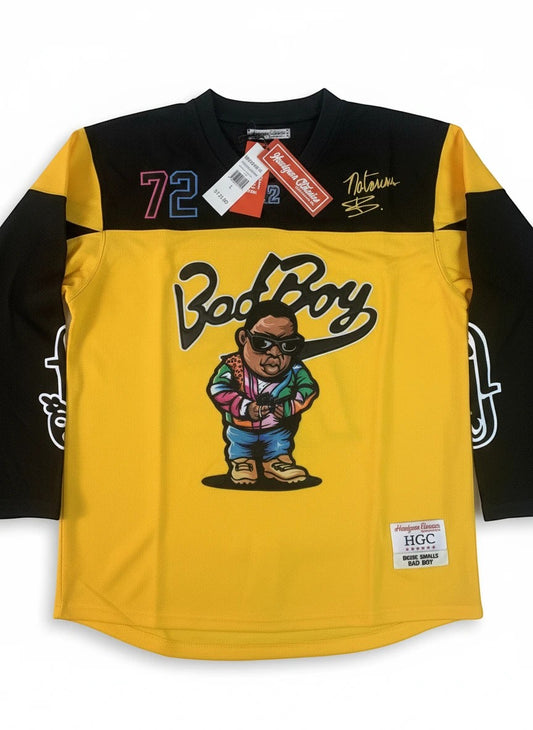 Throwback Rack yellow and black Bad Boy Smalls 72 hockey jersey with cartoon graphic of The Notorious B.I.G.