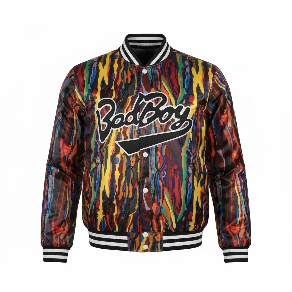 Throwback Rack Biggie Smalls Bad Boy varsity jacket with a vibrant multi-colored abstract print and snap-button front.