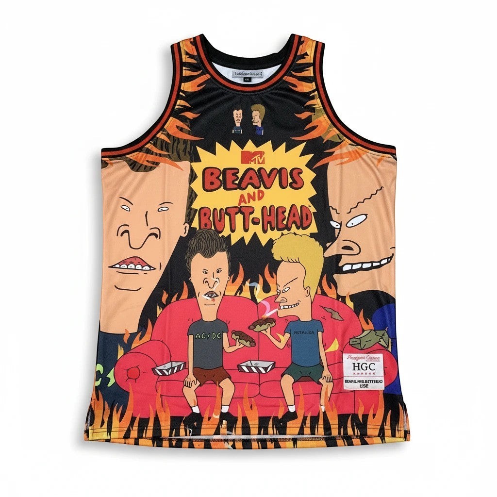 Throwback Rack Beavis and Butt-Head graphic basketball jersey in black with vibrant flame print and mesh fabric.