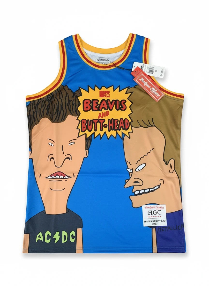 Throwback Rack Beavis and Butt-Head blue mesh basketball jersey with yellow and red ribbed trim and MTV logo.