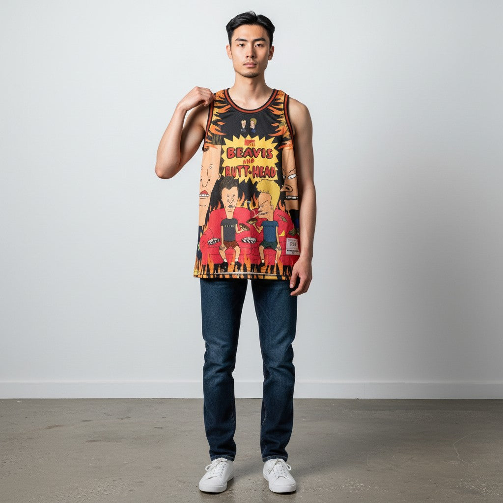 Throwback Rack Beavis and Butt-Head flaming graphic basketball jersey on a male model wearing dark jeans.