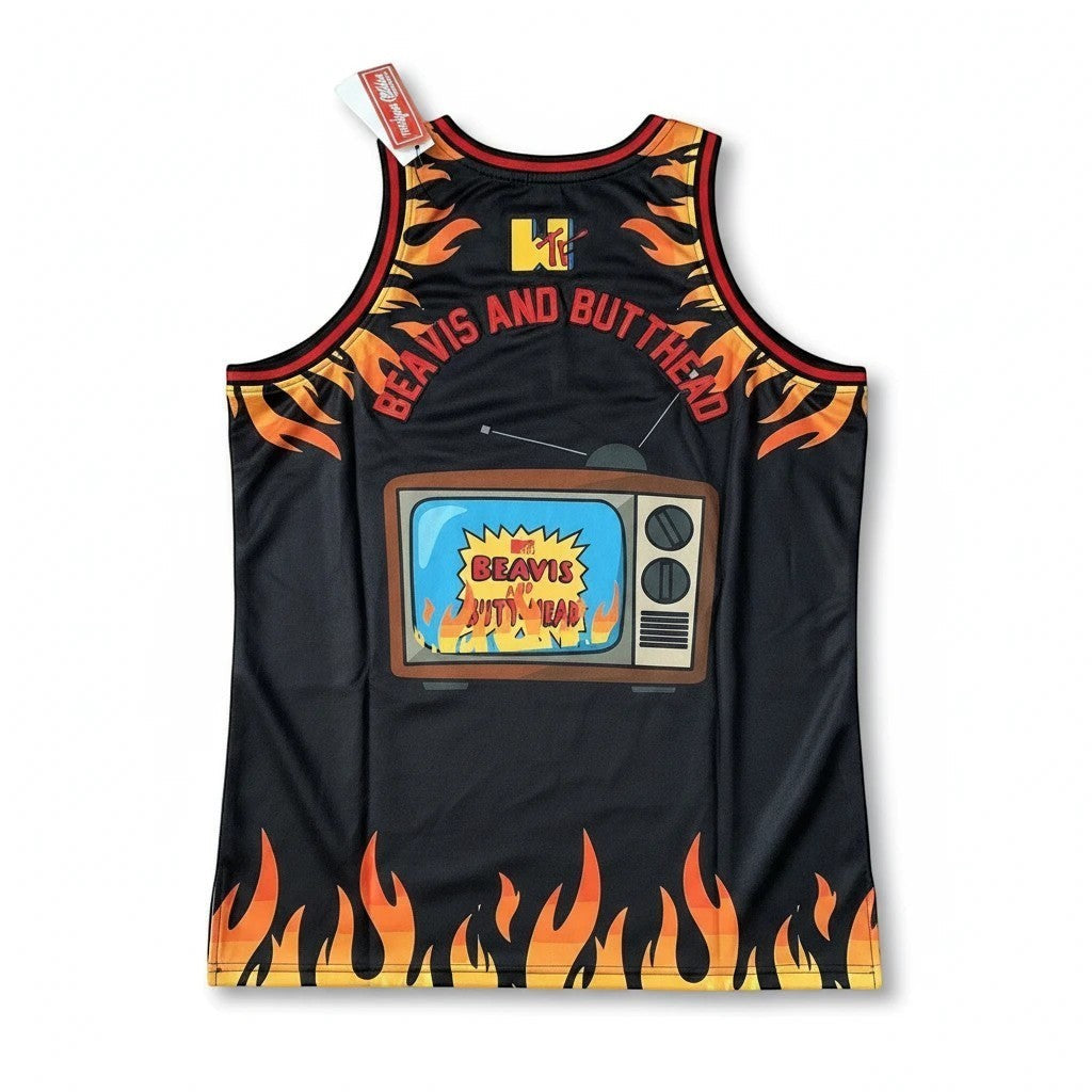 Throwback Rack Beavis and Butt-Head black basketball jersey with flame print and vintage television graphic on back.