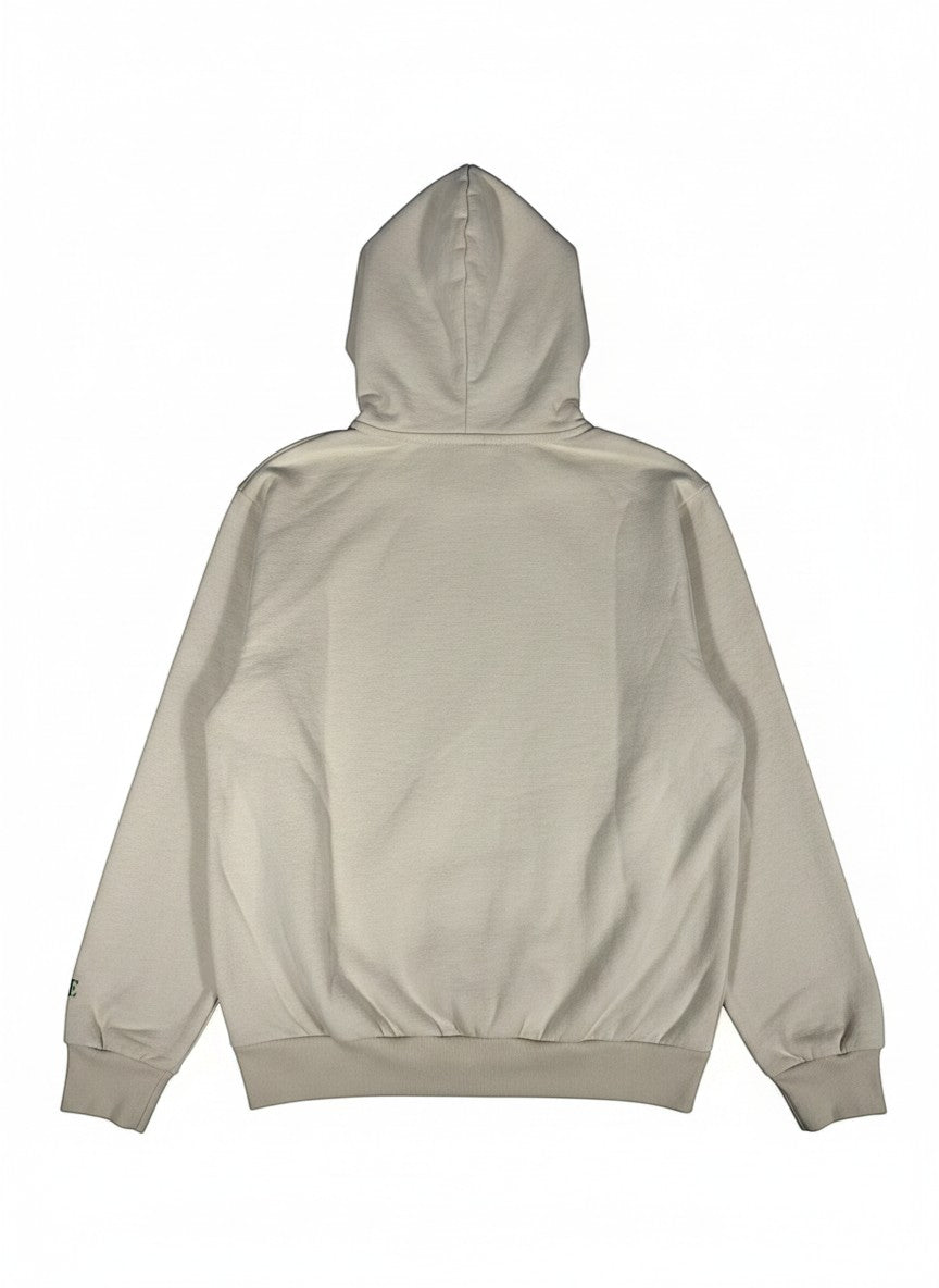 Throwback Rack beige cotton blend hoodie with embroidered logo on the sleeve. Relaxed fit, streetwear style.