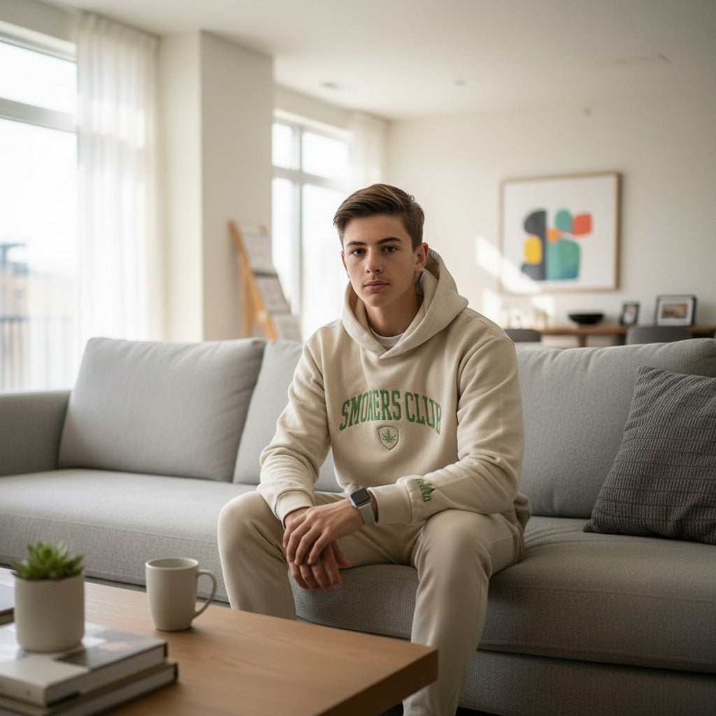 Throwback Rack beige cotton hoodie with green "Smokers Club" embroidery and leaf logo. Model seated on sofa.