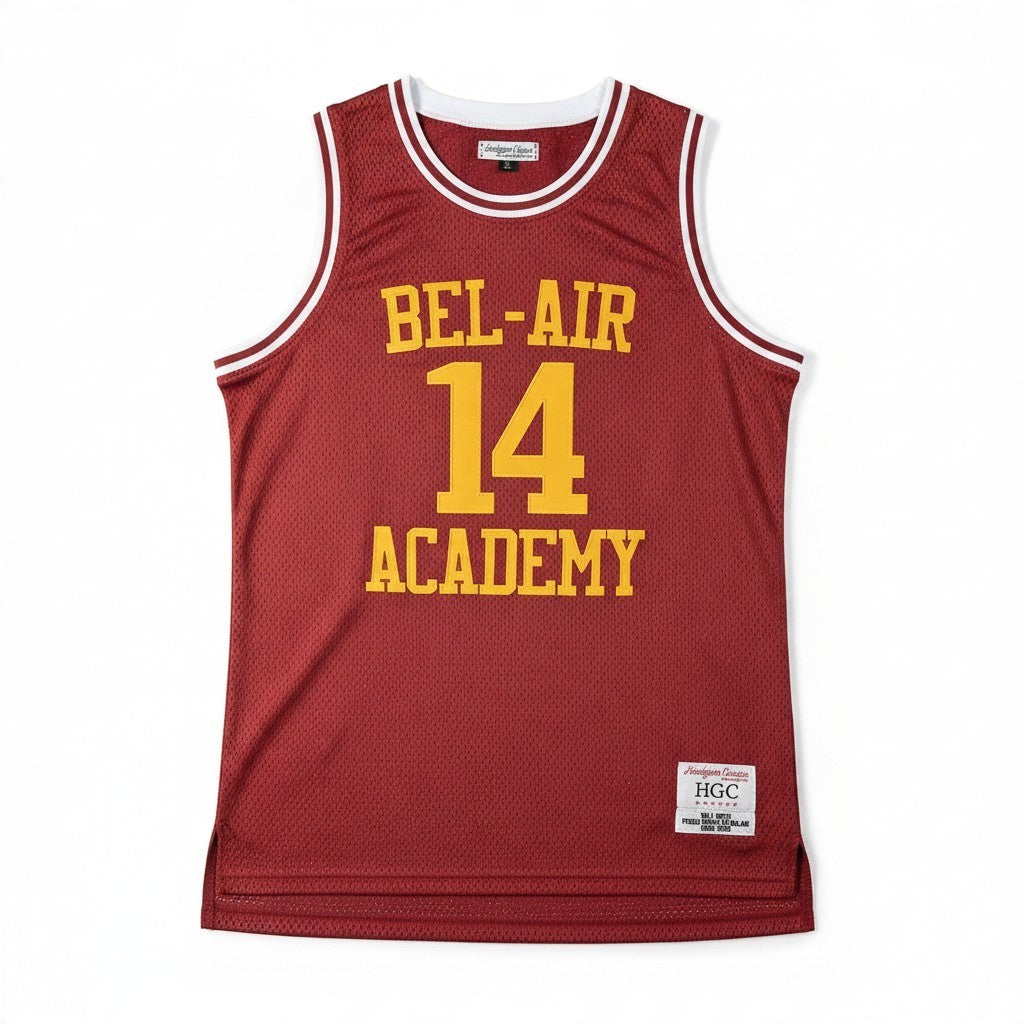 Throwback Rack maroon Bel-Air Academy basketball jersey with gold number 14 and white trim in breathable mesh fabric