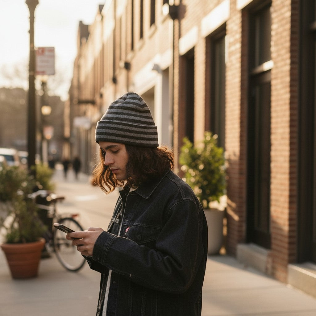 Throwback Rack grey and black striped knit beanie with "BEWARE" patch. Worn by a young person on a city street.