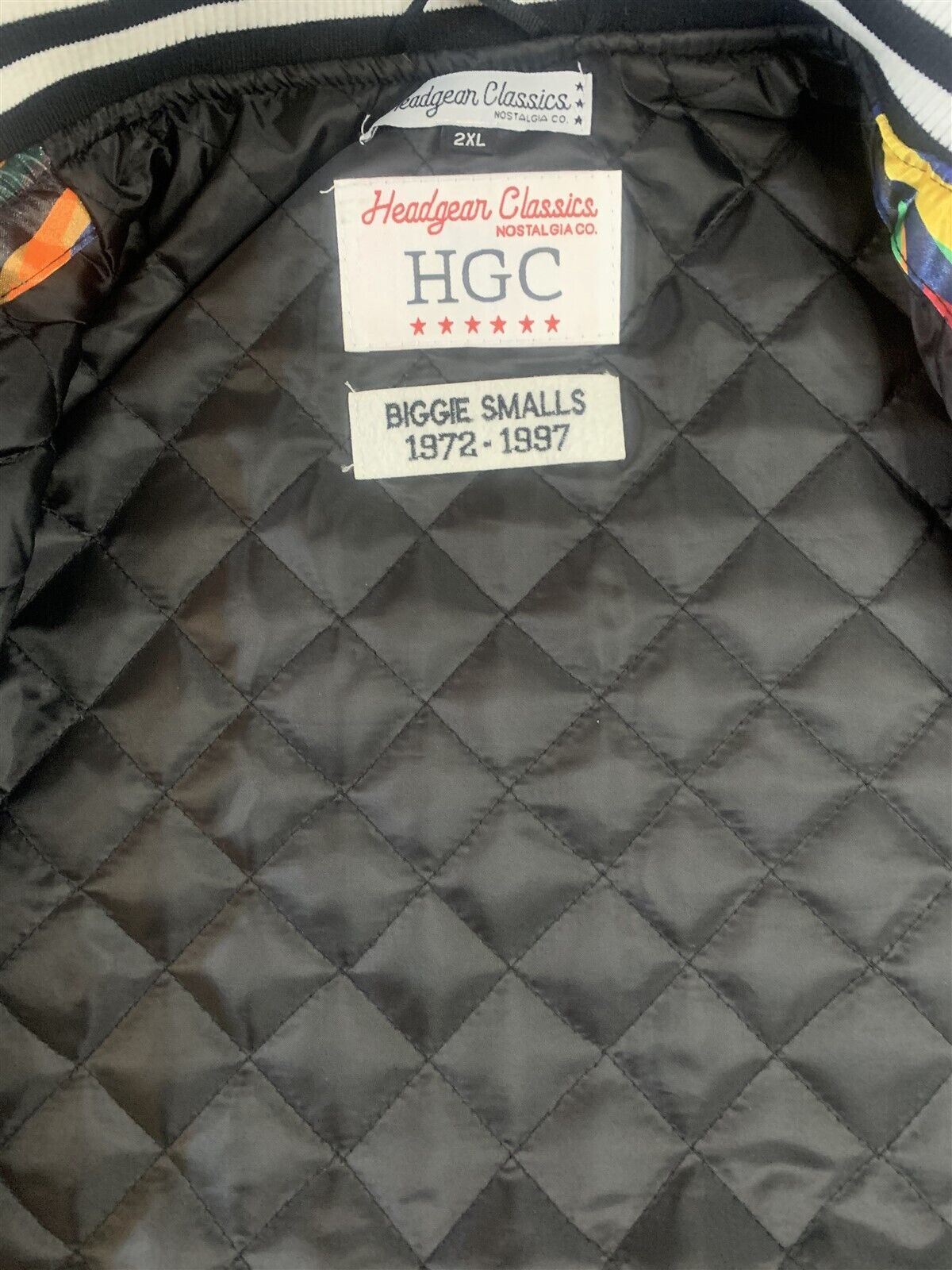 Throwback Rack Biggie Smalls varsity jacket interior featuring black quilted lining and commemorative tribute patch