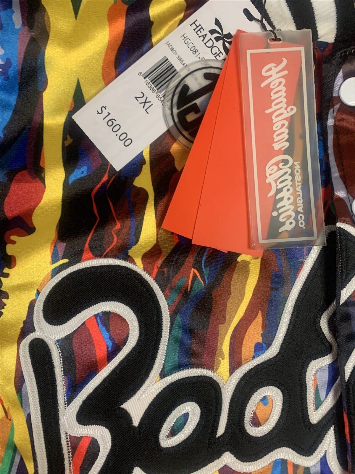 Throwback Rack Biggie Smalls Bad Boy varsity jacket with vibrant abstract print and embroidered logo detail