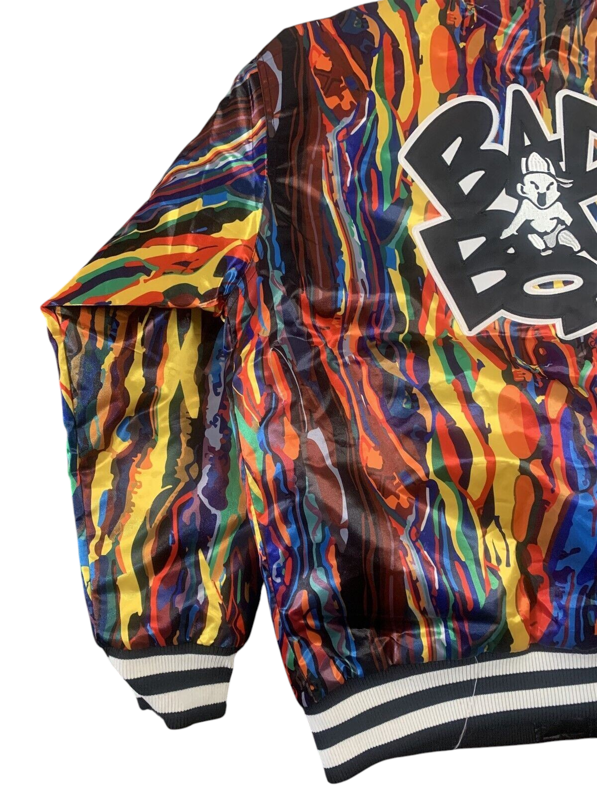 Throwback Rack Biggie Smalls Bad Boy varsity jacket featuring a vibrant multi-colored abstract print and logo back.